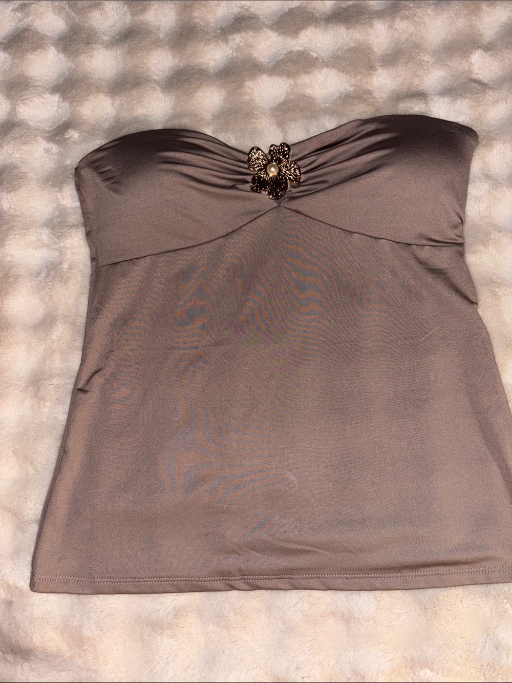 Strapless Ruched Bandeau Top with Floral Gem Accent - Taupe